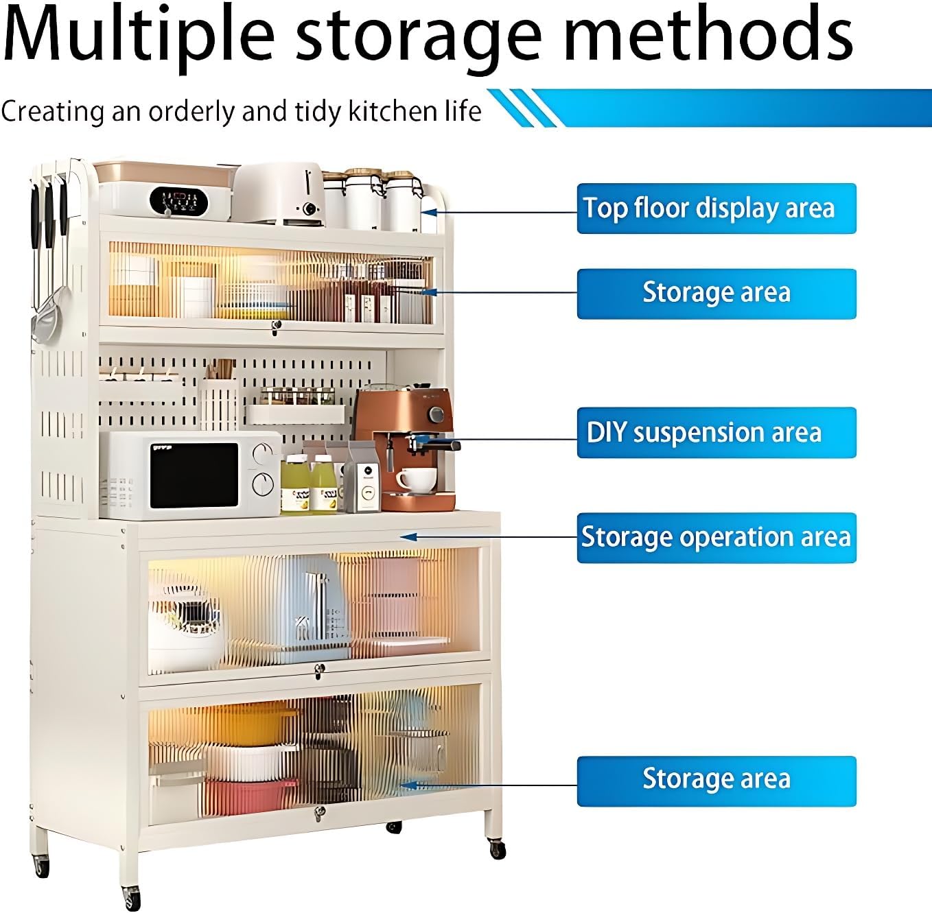 5-Tier Bakers Rack for Kitchen, Kitchen Storage Cabinets with Flip Door, Microwave Stand with Storage, for Kitchen Hutch, Home, Office, Pantry, Garage, White