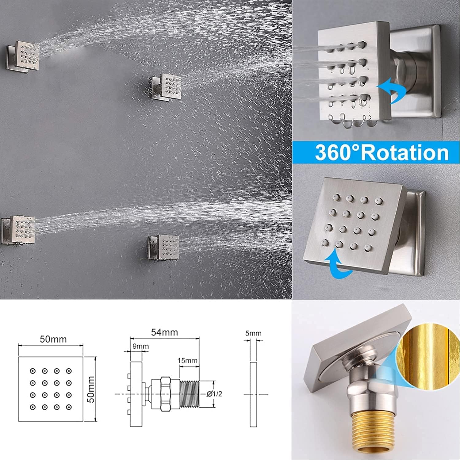 WHSHOWER Ceiling Mounted Thermostatic Rain Mixer Shower System Set 16 Inch Square Rainfall Shower Head With 4 Body Spray Jets And Brass Handshower Can Use All Options At A Time Brushed Nickel