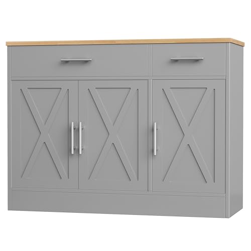 Shintenchi Modern Farmhouse Sideboard Buffet Cabinet with Storage with 3 Doors,42" Barn Doors Buffet Cabinet with Storage, Wood Coffee Bar Cabinet with Adjustable Shelf for Kitchen Living Room,White
