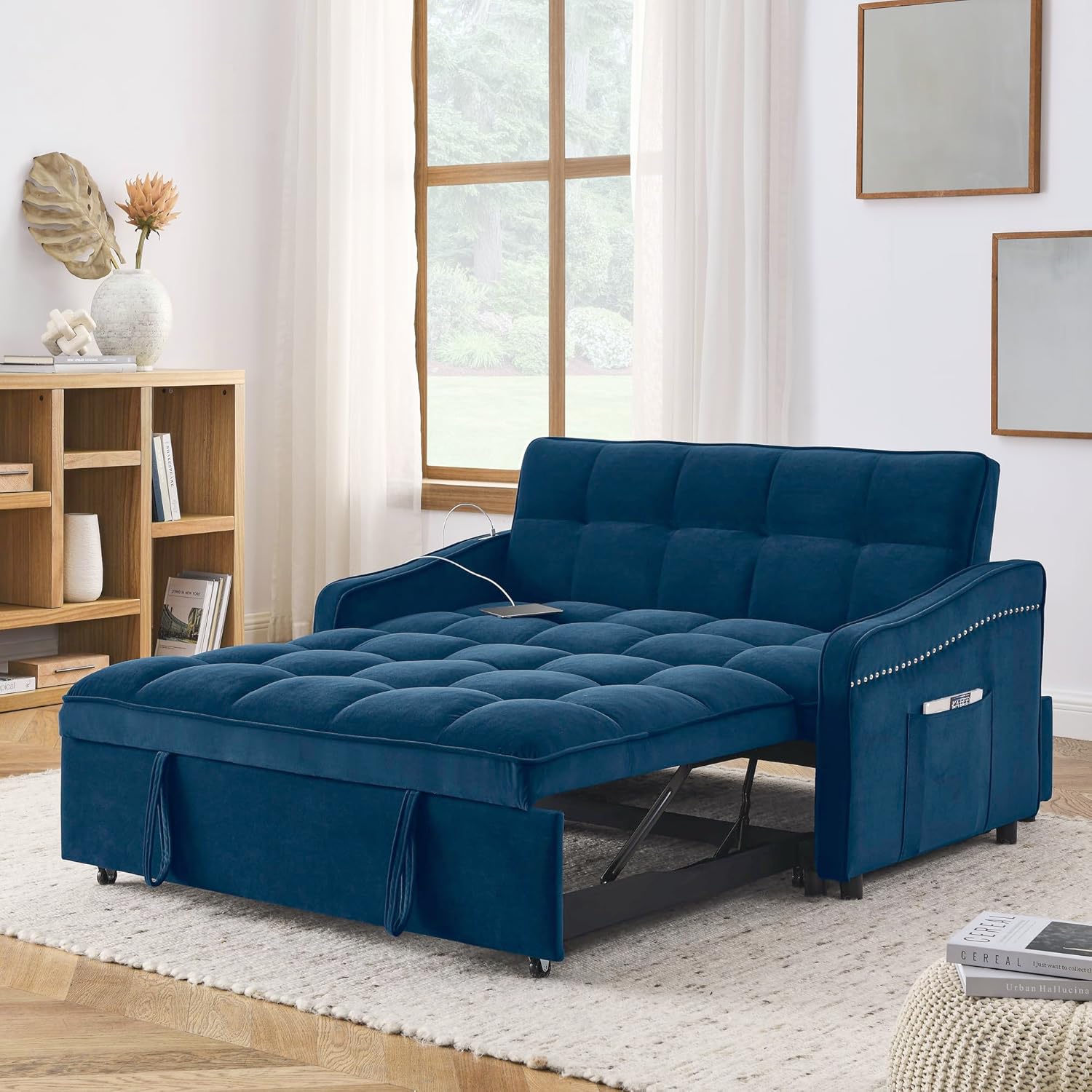 3 in 1 Convertible Sleeper Sofa Couch with Pull Out Bed,Small Futon Loveseat Lounge Chaise with Reclining Backrest and Armrest,Soft Upholstered Love Seats RV Furniture for Living Room