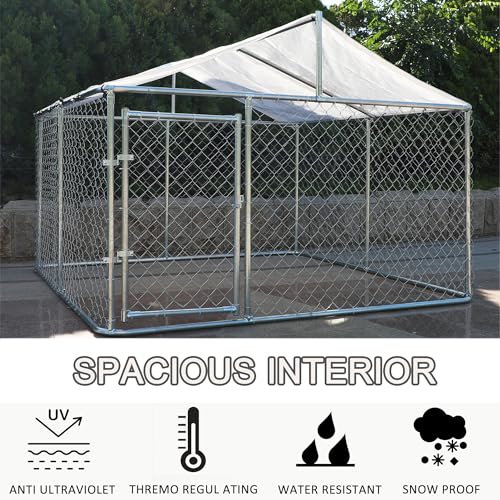 13.1x13.1x7.6 FT Outdoor Dog Kennel, Large Heavy Duty Galvanized Steel Dog Cage with Waterproof Cover, Dog Fence House w/Secure Lock, Anti Rust Dog Enclosure Playpen for Backyard, Silver