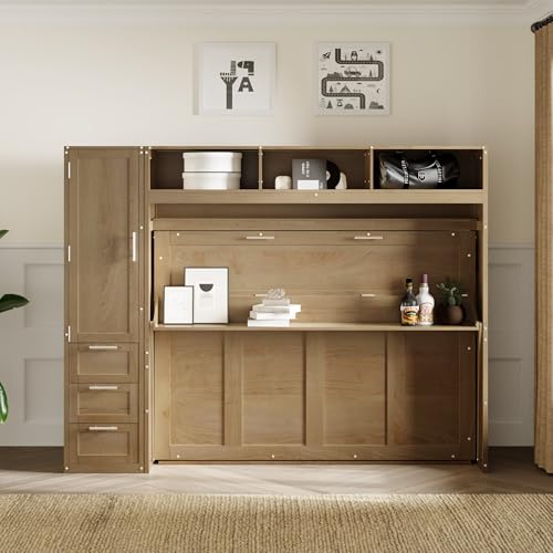 Modern Full Size Murphy Bed with Wardrobe,Storage Drawers and Open Shelves,Solid Wood Wall Bed Frame for Bedroom Guest Room Home Office Study,Easy Assembly (Antique Grey, Full)