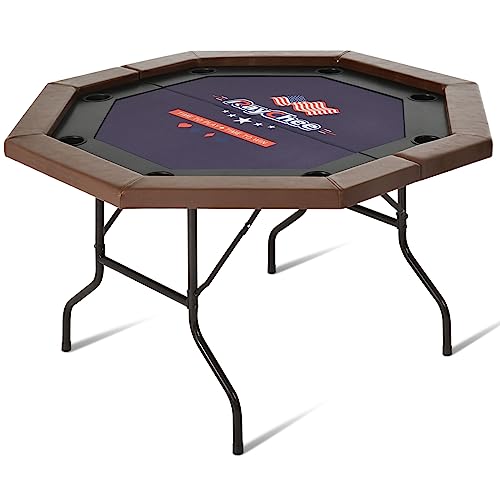 RayChee Poker Table Foldable, 8 Player Octagonal Folding Portable Texas Holdem Table with Water-Resistant Cushioned Rail, 8 Stainless Steel Cup Holders, Casino-Grade Felt Surface (48inch, Black)