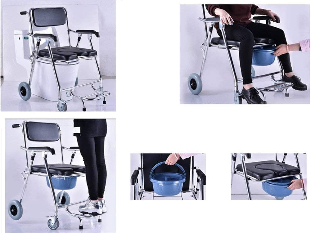 KOHARA Commode Seat Folding Wheeled/Over Toilet Chair with Padded Seat and Back Wheelchair Moving Bath Chair with Brakes