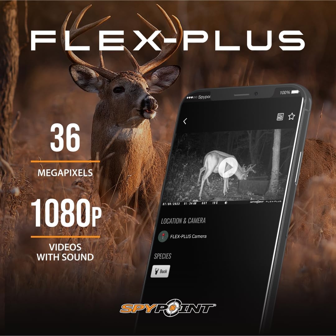 SPYPOINT FLEX-PLUS Cellular Trail Camera, 36MP Photos and 1080p Videos w/Sound, Double The Battery Capacity, GPS-Enabled, Dual-SIM LTE Connectivity, 100' Flash & Detection Range, 4 capture modes