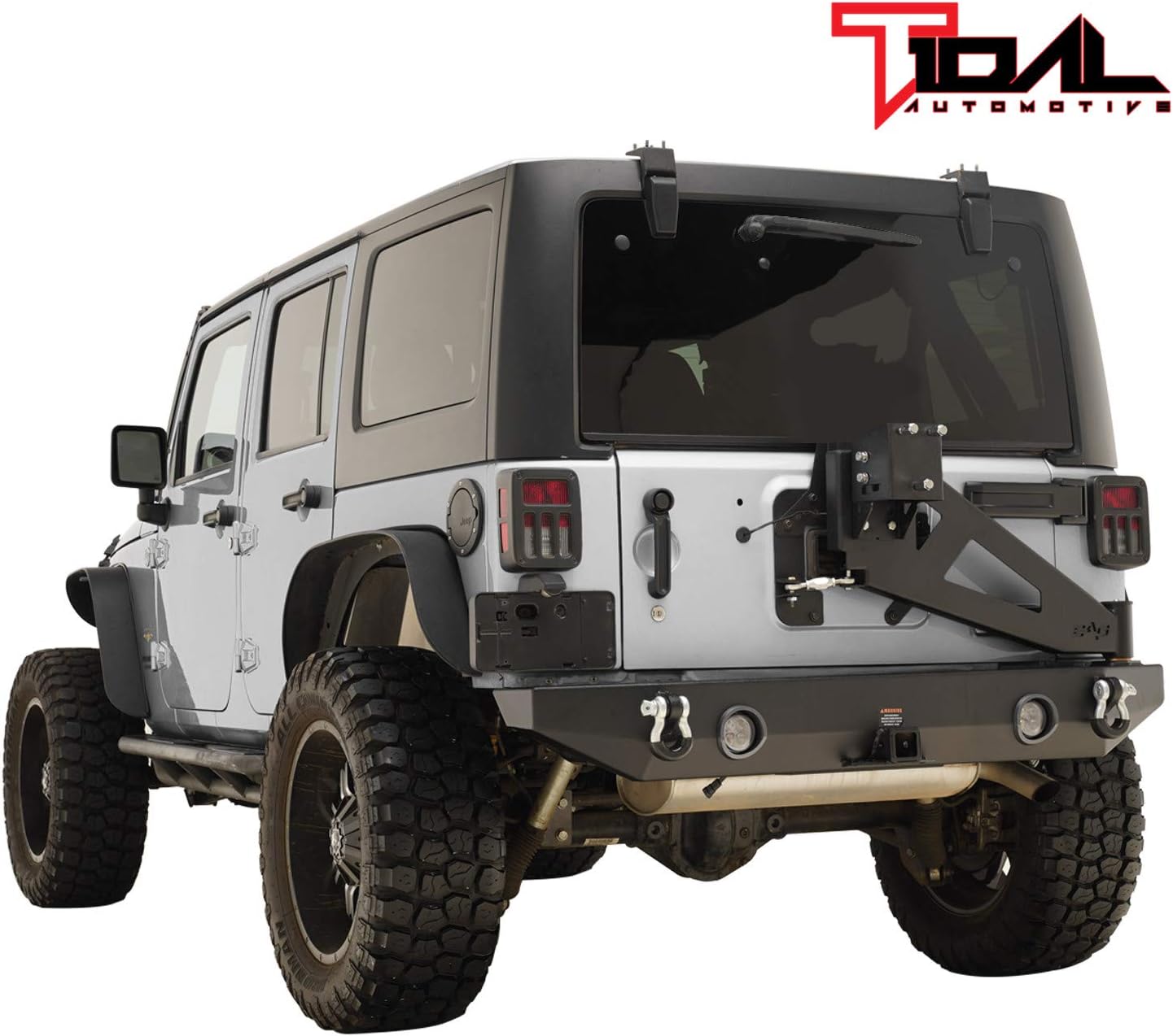 Tidal Rear Bumper & Spare Tire Rack & Hitch Receiver W/2 LED Lights Compatible with 2007-2018 Wrangler JK