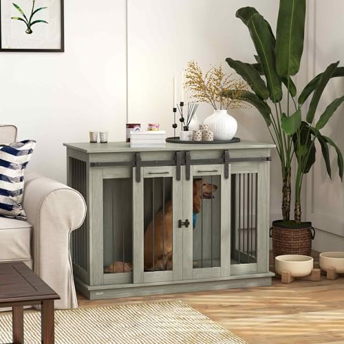 PawHut Dog Crate Furniture with Divider, Dog Crate End Table for Small to Large Dogs, Large Indoor Dog Kennel with Double Doors, 47" W x 23.5" D x 35" H, Oak