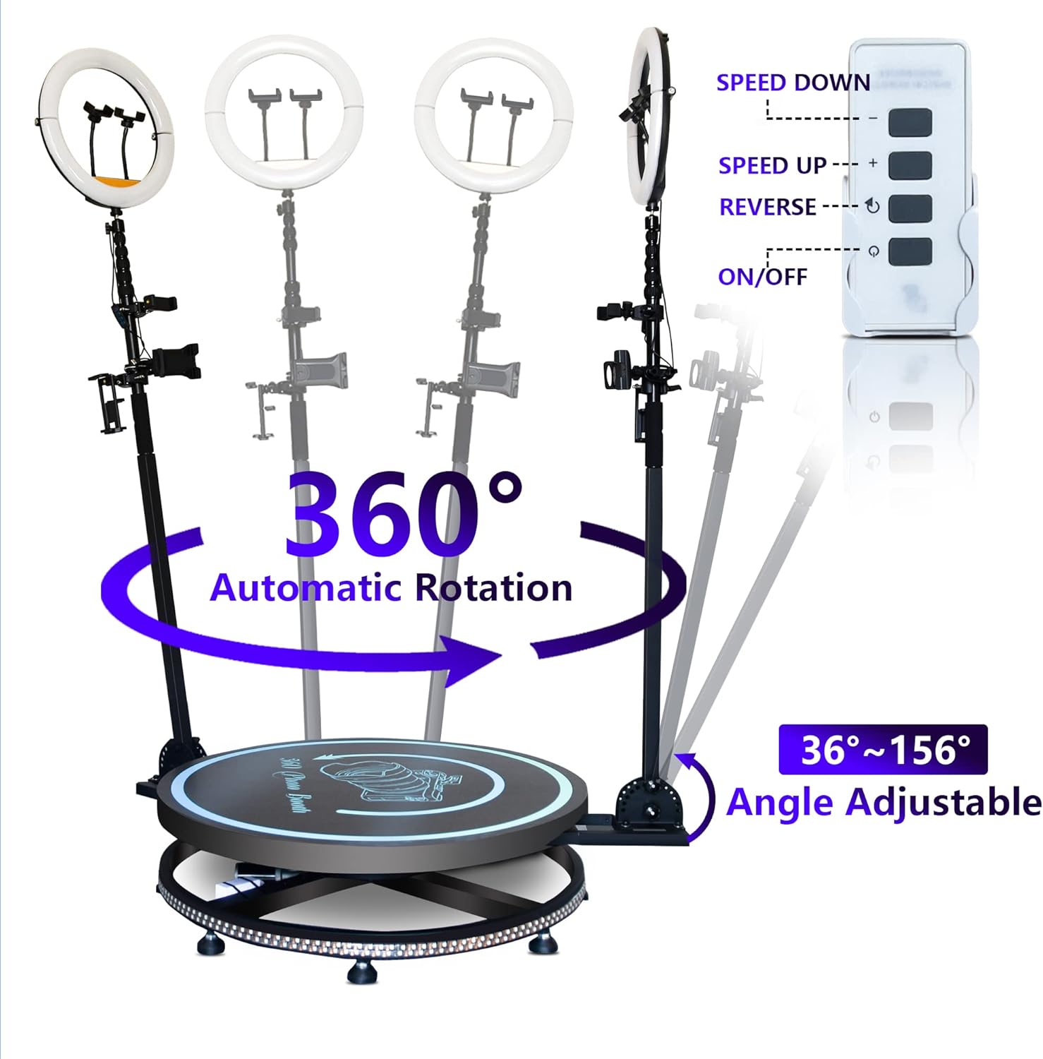 360 Photo Booth Machine for Parties with Free Logo Ring Light Selfie Holder Accessories,2 People Stand on Remote Control Automatic Spin 360 Video Camera Booth Platform Spinner 26.8” with Trolly