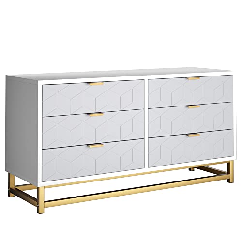 Senfot White 6 Drawer Dresser for Bedroom, Modern Dressers & Chests of Drawers, Wood Dresser Chest Organizer with Metal Legs, Large Drawers for Bedroom, Hallway