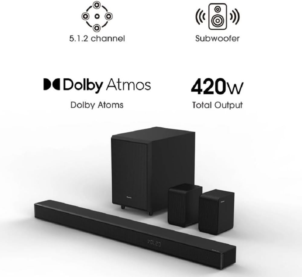 Hisense AX5120G 5.1.2Ch Sound Bar with Wireless Subwoofer, 420W, Dolby Atmos, Bluetooth 5.3, EzPlay, 4K HDMI Pass Through, Roku TV Ready, DTS: X, HDMI/AUX/ARC/Optical/USB, 7 EQ Modes