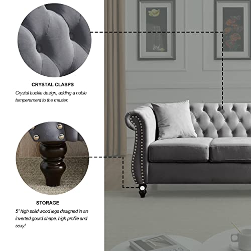 Chesterfield Sofa Couch, 80" W Velvet 3 Seater Sofa Tufted Couch with Rolled Arms and Nailhead for Living Room, Bedroom, Office, Apartment - Beige