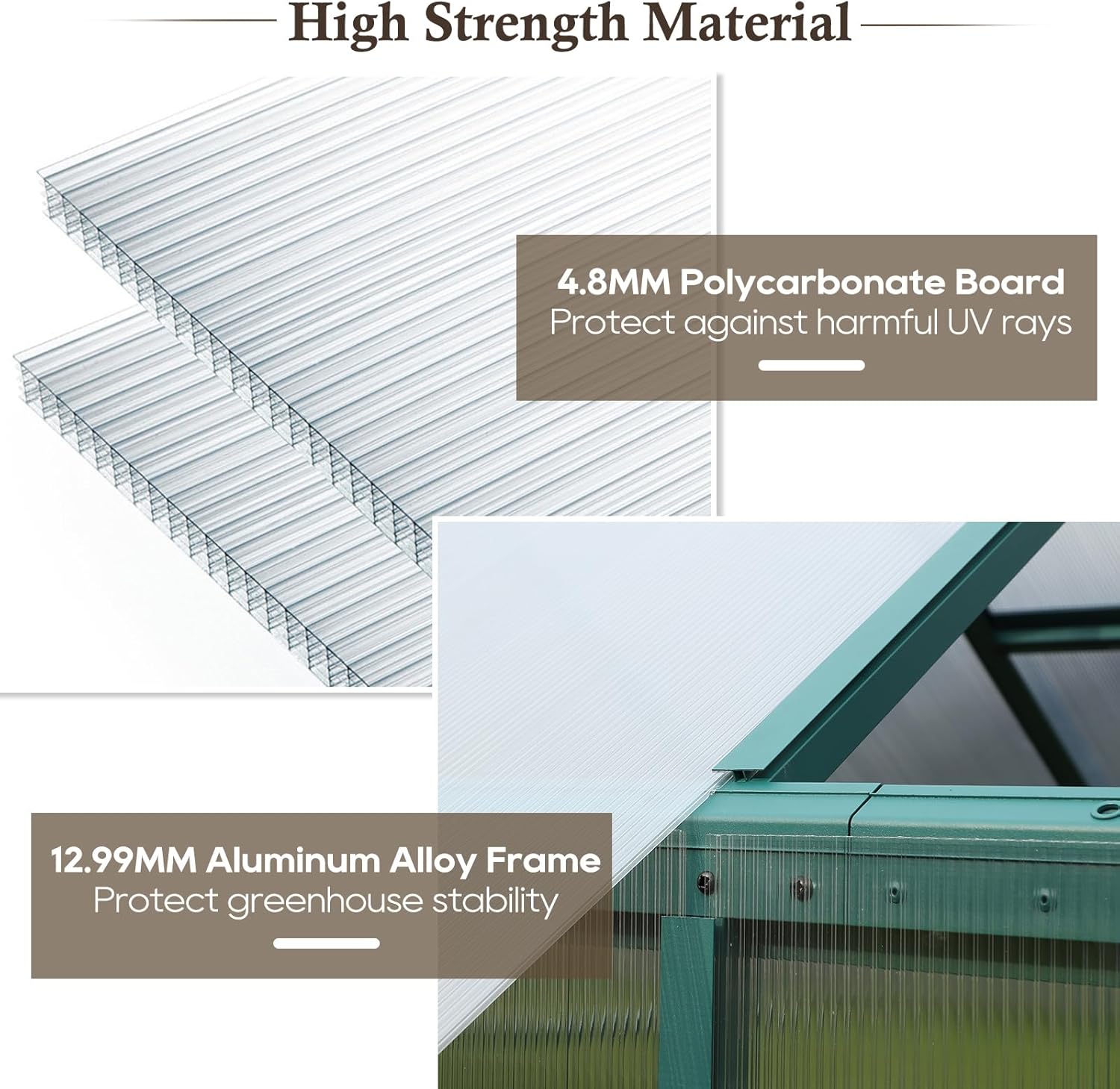 Aluminum Greenhouse for Outdoors 6'x 8', Polycarbonate Green Greenhouse with Adjustable Roof Vent and Rain Gutter, Outdoor Hobby Greenhouses for Backyard Plants Flowers Vegetables (6’ x 8‘)