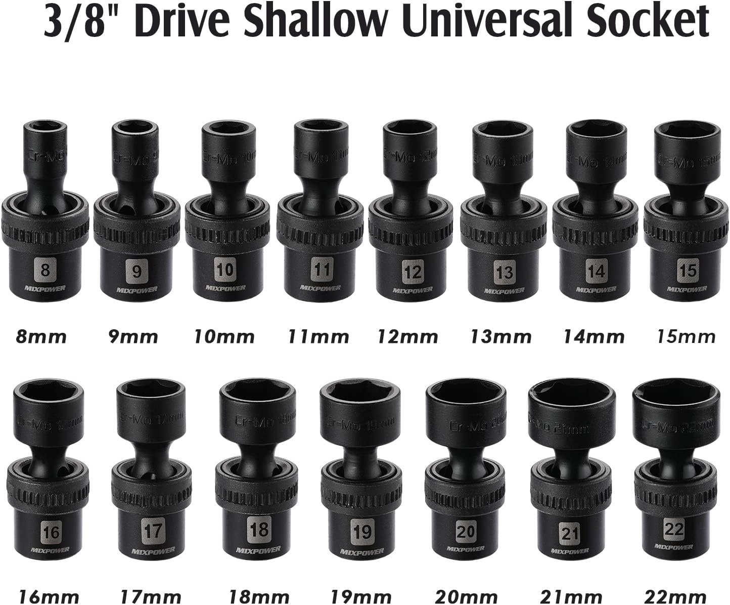 MIXPOWER 10-piece 3/8" Drive Shallow Universal Impact Socket Set, Metric,10-19mm, Swivel Socket with Flexible Wobble, CR-MO