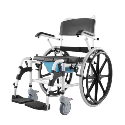 VEVOR Shower Wheelchair, 17.5in Width Aluminum Alloy Bathroom Wheelchair for Inside Shower, Adjustable Rolling Shower Chair w/Brake for Disabled Adult, 300 lbs Capacity Shower Transport Chair