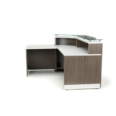 nbf signature series Esquire Modern Reception Desk - 79" W x 63" D Driftwood Laminate/Silver Laminate Desktop Kickplate and Accents/Checkout Counter Glass Top