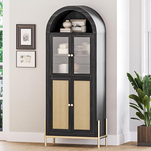 BELLEZE Arched Storage Cabinet with Doors, 65.5 Inches Bookcase, Freestanding Kitchen Pantry Cupboard Tall China Glass Cabinet Display Case for Home Living Room, Adjustable Shelves, White Lotus