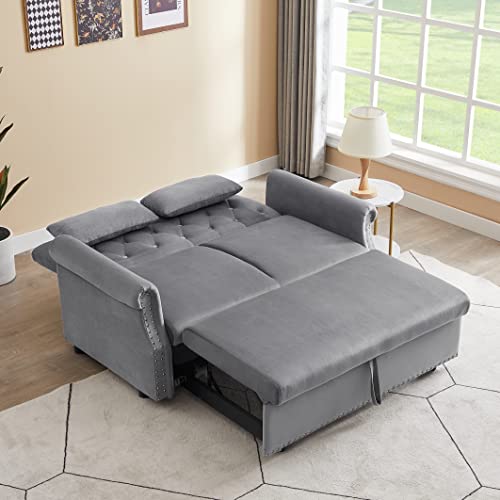55" Button Tufted Upholstered Nailhead Decor Futon Loveseat Daybed Convertible Sleep Sofabed,3 in1 Reclining Backrest Love Seat w/Pull Out Sleeper Couch Bed Sofas, Gray Velvet 2 Pillows