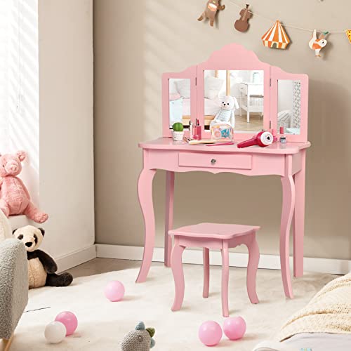 HONEY JOY Kids Vanity Set with Mirror, 2-in-1 Wooden Toddler Vanity Table with Stool, Tri-Folding Mirror & Drawer, Removable Top, Princess Pretend Play Beauty Makeup Vanity for Little Girls (White)