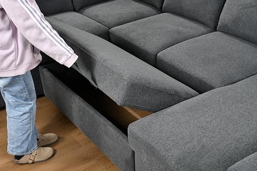 roomfitters 125'' Modern U Shaped 7 Seat Sectional Sofa Couch with Cabinet, Sofa Bed with Storage Chaise and Pull-Out Couch Bed for Living Room, Light Gray