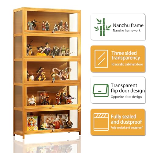 68” Curio Display Cabinet, 5 Tier Storage Cabinet with Acrylic Glass Door, Collectibles Toy Organizers Rack & Display Shelf, Kids Bookcase for Living Room, Toddler's Room, Bamboo (Wooden flip door)