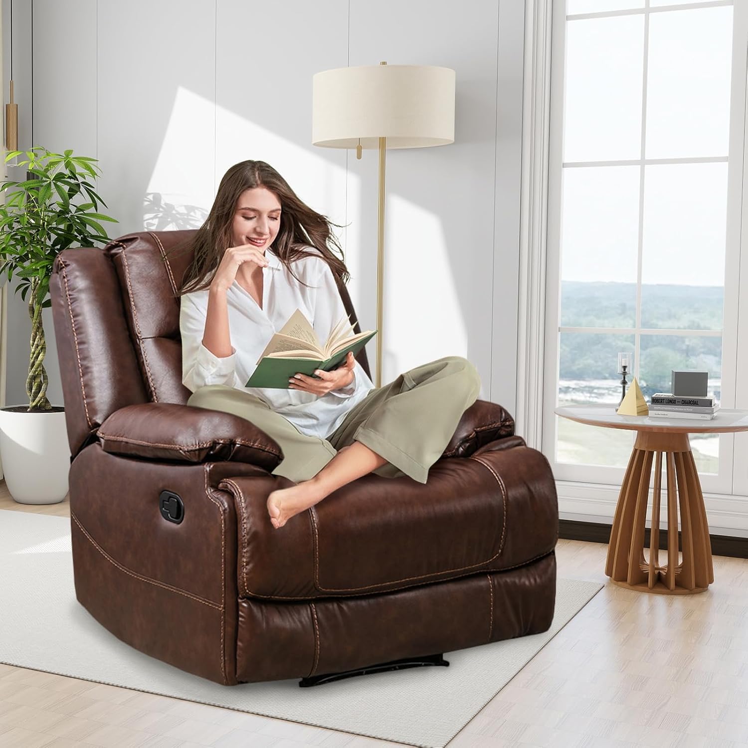 Genuine Leather Manual Recliner, Classic Traditional Reclining Chair with Overstuffed Back and Arm, Single Sofa Recliner Chair for Living Room, Bedroom, Home Theater (Brown)