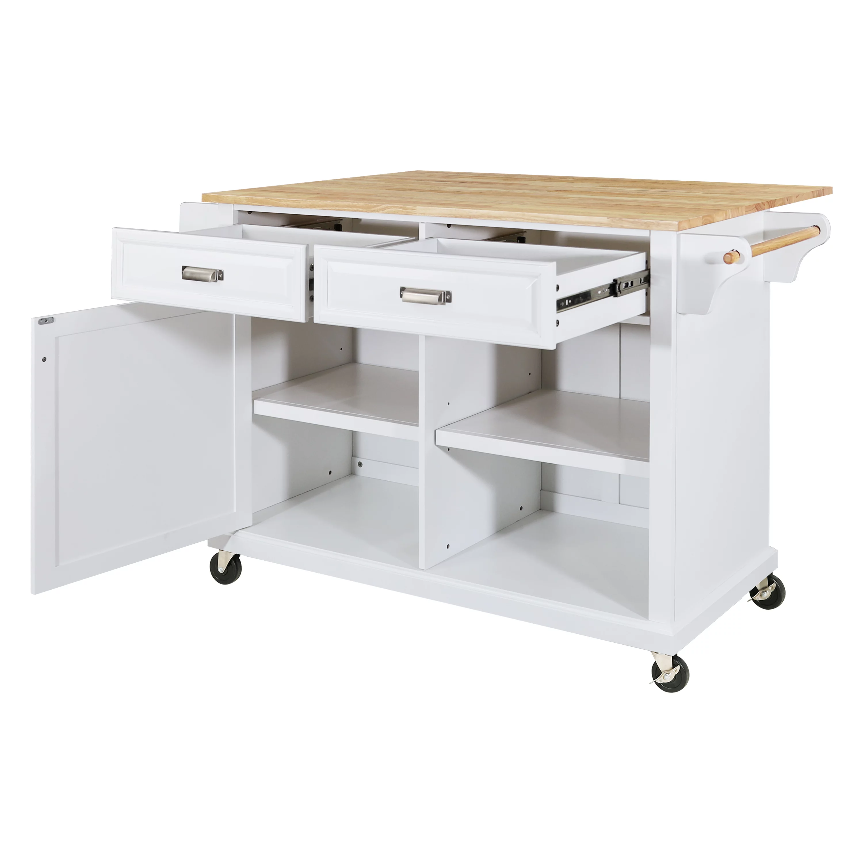 Multi-Functional Storage Island Cart with Rubberwood Countertop and Drop-Leaf, Greenguard Gold Certified, Kitchen Island on Wheels with Large Storage Cabinet,2 Drawers,Spice Rack,Towel Holder, White