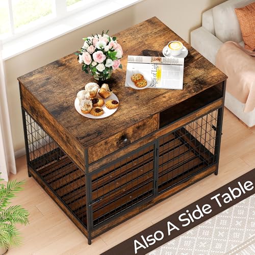 Dog Crate Furniture, 31.5 Inch Dog Kennel with Storage Drawer, Double Doors Heavy Duty Dog Cage with Removable Tray, Indoor Wooden Pet Crate for Small Medium Dogs, Rustic Brown