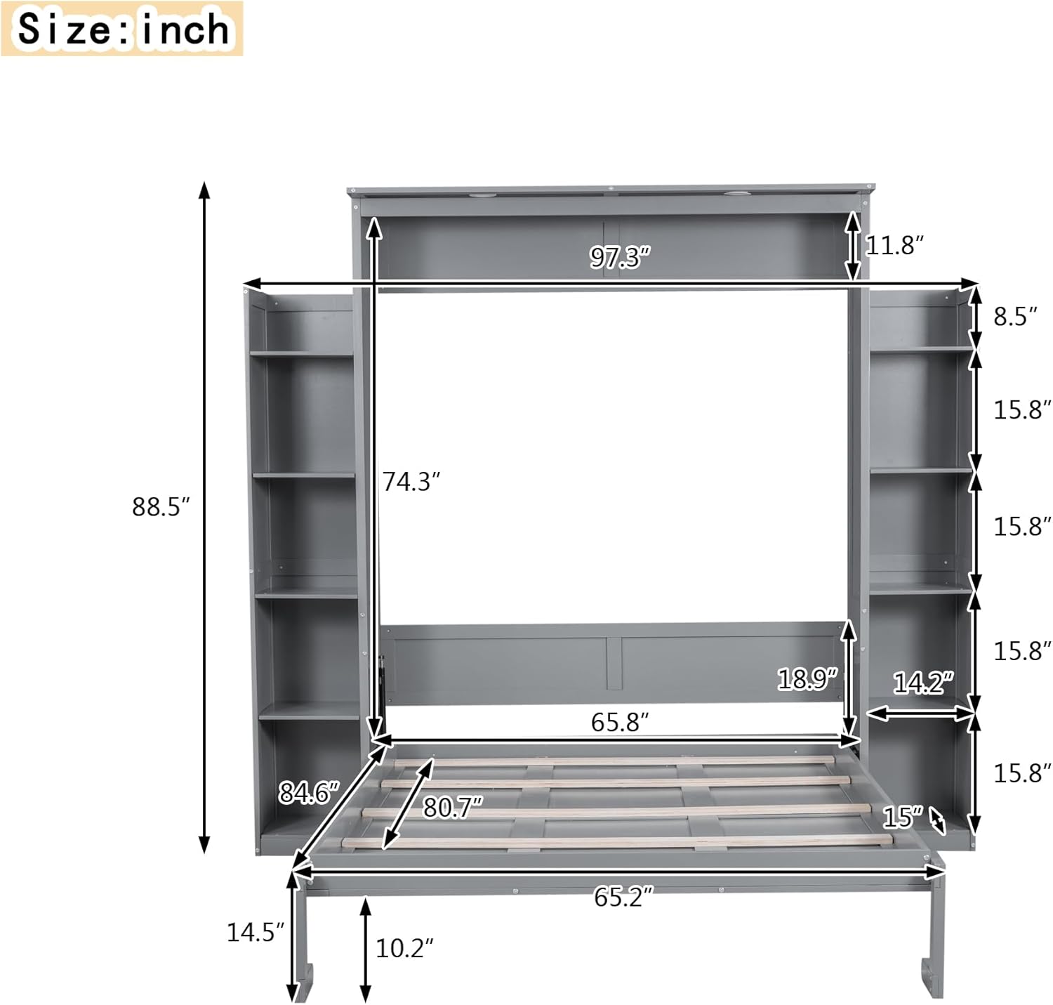 WADRI Queen Size Murphy Bed Wall Bed with Bookshelf, Can Be Folded Into Cabinet, Solid Wood Murphy Bed Chest Cabinet Bed for Guest Room Bedroom Office, Maximize Space Savings (Gray-sd1)