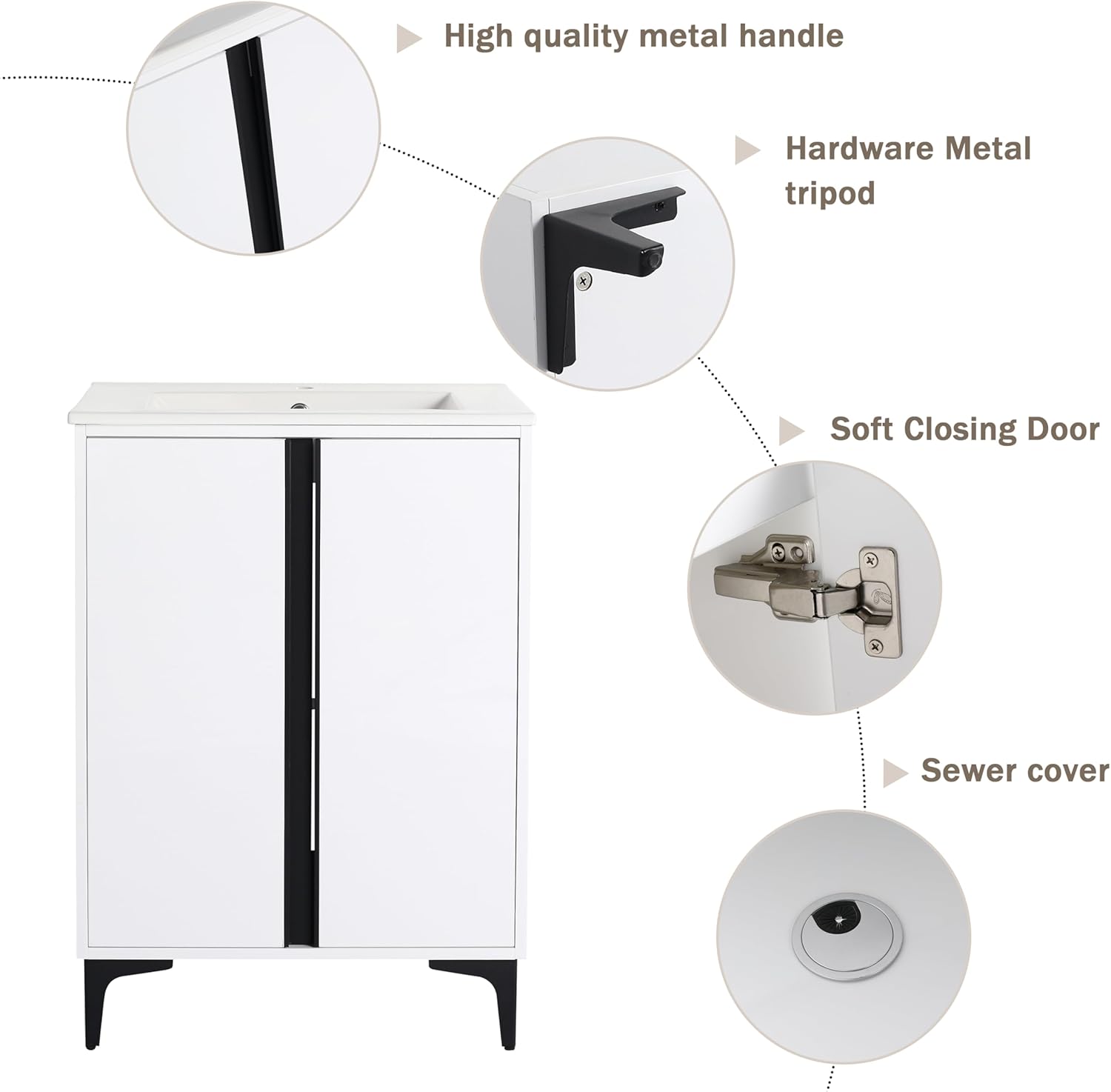 24" Bathroom Vanity with Ceramic Sink, 24 Inch Freestanding Bathroom Vanity, Single Sink Bathroom Vanity Combo, Mordern Bathroom Vanity with 2 Doors, White Floor Standing Cabinet Set