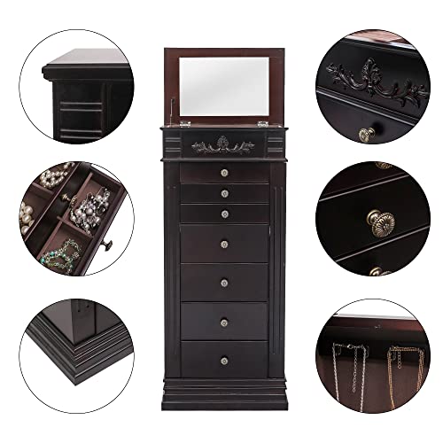 WEI WEI GLOBAL Jewelry Armoire Cabinet with Flip Top Mirror and Compartments - Large Standing Jewelry Chest - Wooden Jewelry Storage Box Organizer - Black