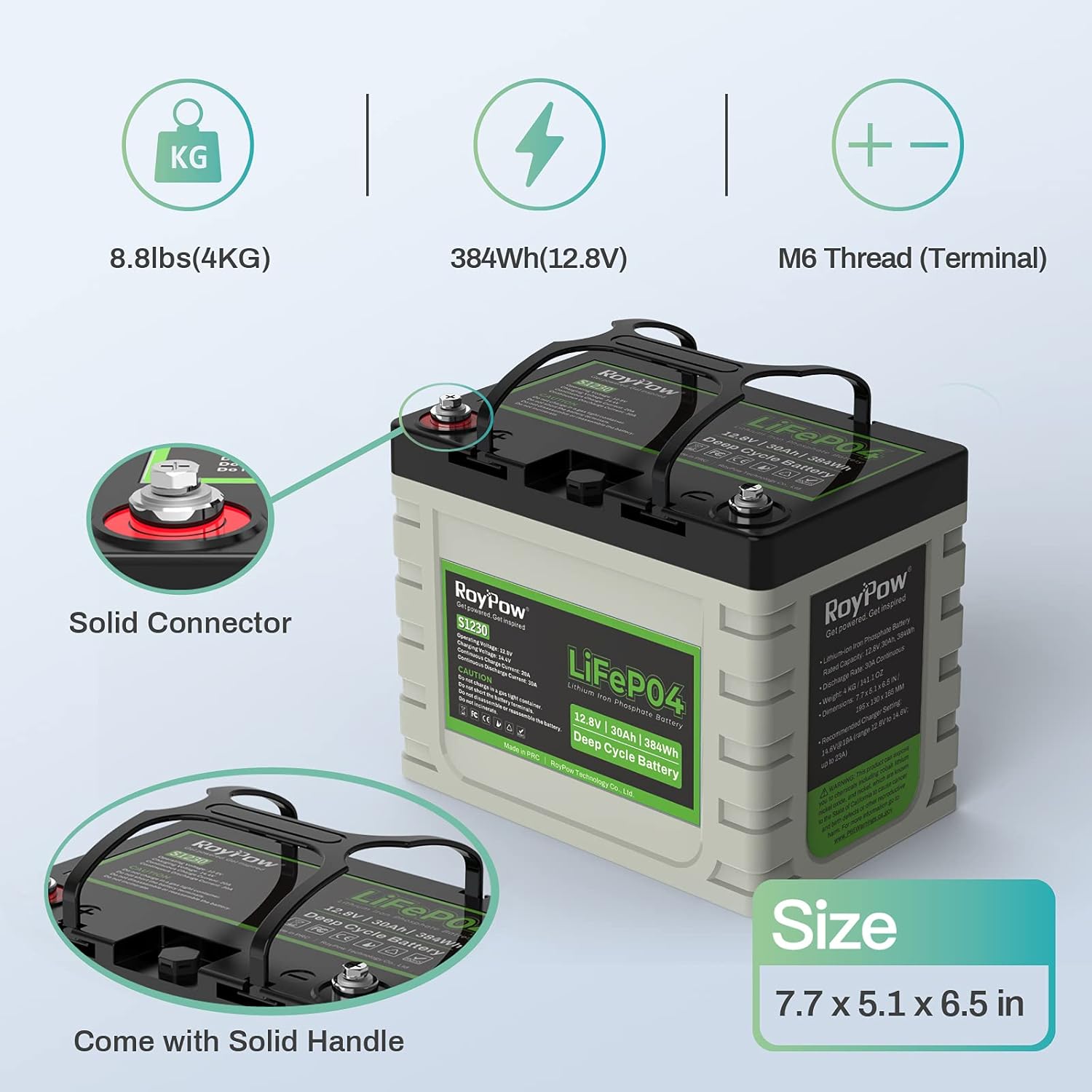 12V Lithium Battery 30Ah, RoyPow Deep Cycle LiFePO4 for RV, Solar Marine and Off-grid Applications