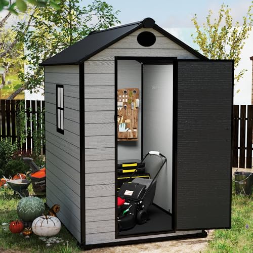 7.3 x 12 FT Shed Resin Outdoor Storage with Floor, 566 cuft Plastic Shed with Window and Lockable Door for Garden, Backyard, with Wood Texture, Grey