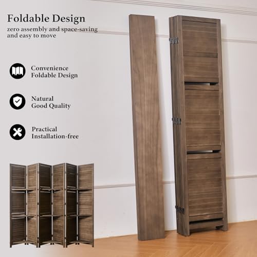 Room Divider with Shelves, 5.6 Ft Tall Folding Wood Screen with Double Hinges for Home Office Bedroom Hotel Decoration (6 Panels, Brown)
