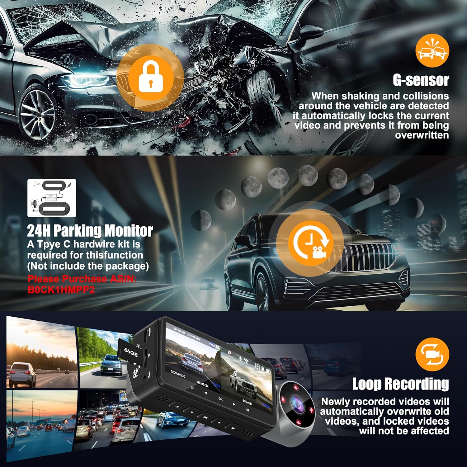 4K Dash Cam Front and Rear Inside 5G WiFi, 64GB Card, Orskey 4K+1080P Dashcam Built-in GPS, 3 Channel Dash Camera for Cars, 3.16" IPS Display, Night Vision, APP Control,24H Parking Mode,Max 256GB