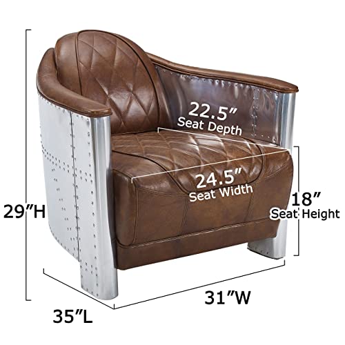 Volans Mid Century Modern Genuine Leather Accent Arm Chair with Vintage Aluminum Patchwork, Lightbrown