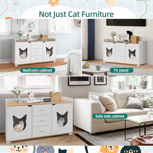 YITAHOME Cat Litter Box Enclosure with Double Room for 2 Cats, Storage Cabinet Design Large Hidden Litter Box Furniture with Drawers, Wooden Cat Washroom Furniture, White, 55" L x 19.7" W x 31.5" H