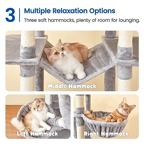 MWPO Extra Large Cat Tree, 77.6-Inch Tall Cat Tower for Indoor Cats with 2 Large Condos, Multi-Level Cat Stand for Large Cat with 3 Hammocks, Wide Perch, Scratching Posts, Dangling Toys, Beige