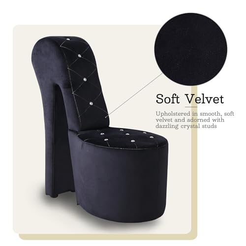 Best Master Furniture High Heel Velvet Shoe Chair with Crystal Studs, Black