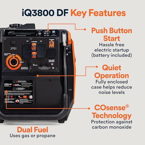 Generac 3,300-Watt Gas-Powered Portable Inverter Generator - Lightweight Design - USB Ports for Mobile Device Charging - COsense Technology - Perfect for Home use - Orange/Black