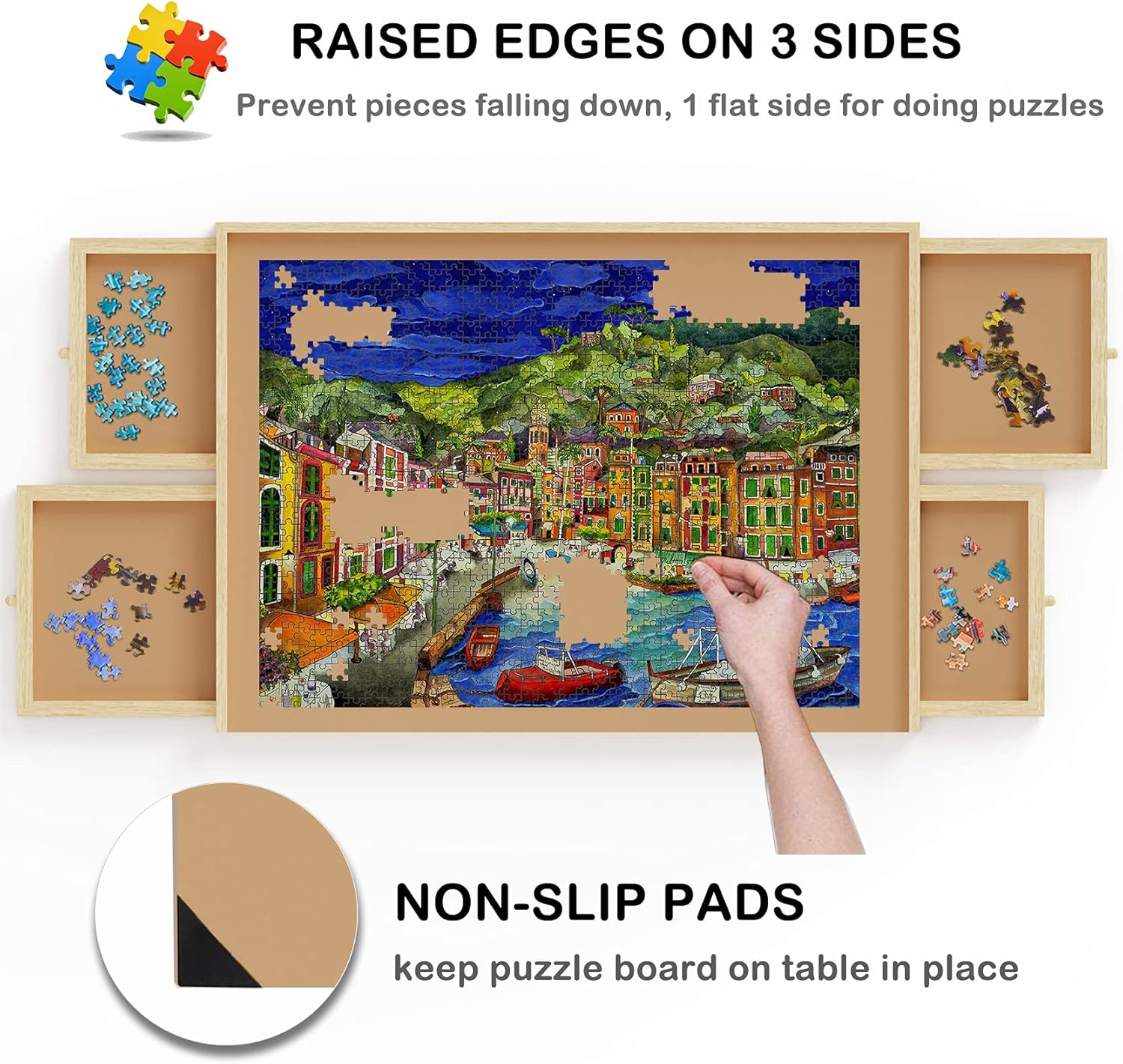 Lovinouse Upgraded 1000 Piece Wooden Puzzle Table with Holder, Jigsaw Puzzles Plateau Puzzle Board with Smooth Fiberboard Work Surface, 4 Sliding Drawers, Puzzle Storage for Teens Adults