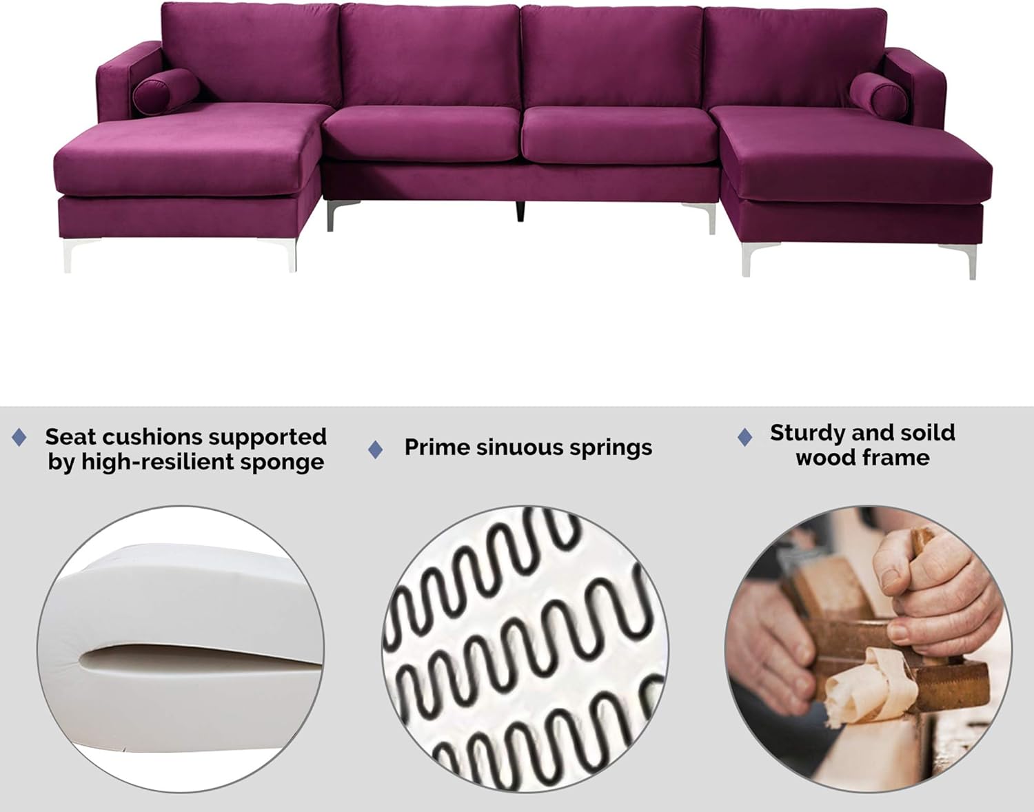 Harper&Bright Designs Sectional Sofa Set, Living Room Furniture Sofa Set, Modern Elegant Velvet Upholstered Couch with 2 Pillows (Purple)