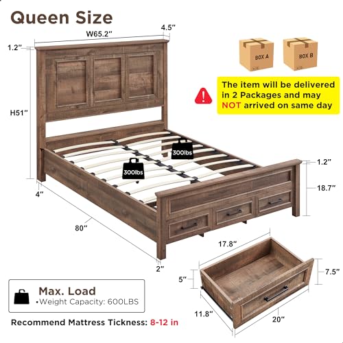 Farmhouse King Size Bed Frame with 52" Tall Full Panel Headboard, Wood Platform Bedframe with Footboard and Storage Drawers, No Squeak, No Box Spring Needed, Antique Brown