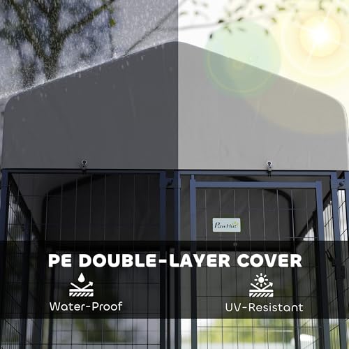 PawHut 4.6' x 4.6' x 5' Dog Kennel Outside, Welded Wire Outdoor Dog Kennel Run with Waterproof & UV Resistant Cover, for S&M Breeds, Chickens, Ducks, Black