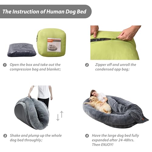 Homguava Large Human Dog Bed 72"x48"x10" Human-Sized Big Dog Bed for Adults&Pets Giant Beanbag Bed with Washable Fur Cover,Blanket and Strap (Large, Black)