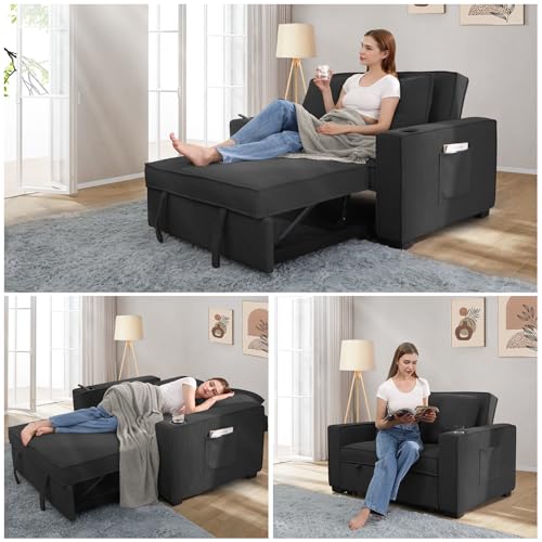 52" Convertible Sofa Bed, 3-in-1 Sleeper Sofa Pull-Out Bed, Multi-Functional Corduroy Futon Couch with Adjustable Backrest and Cup Holders, Loveseat Sofa for Small Space, Living Room, Black