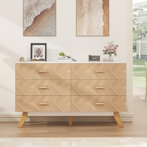 6 Drawer Dresser for Bedroom, Rustic Brown Wooden Double Dresser, Wide Dressers & Chests of Drawers, Large Storage Organizer Cabinet for Hallway, Burlywood&White