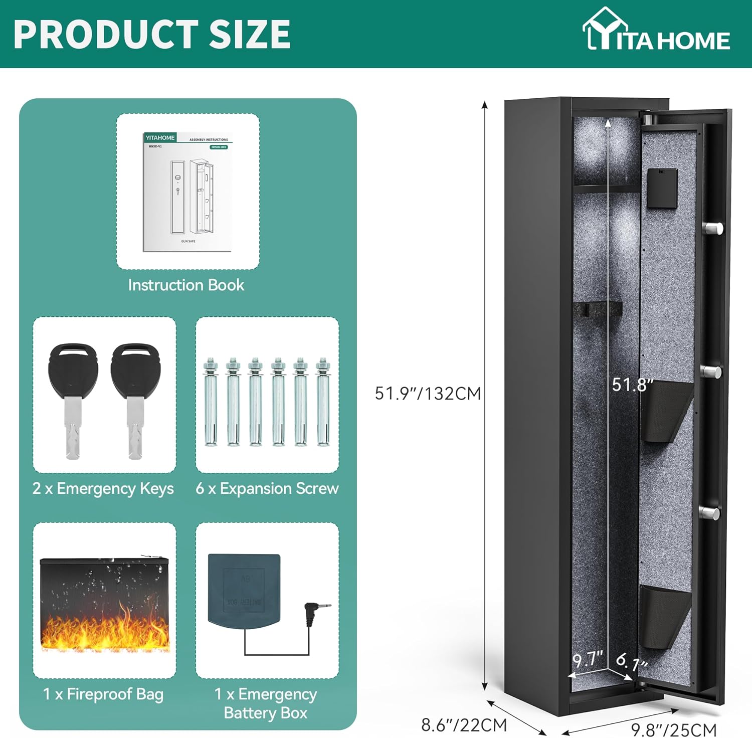 YITAHOME 3-5 Rifle Gun Safe, Quick Access Gun Cabinets with Digital Keypad and Fireproof Bag, Password Lock Gun Safes for Home Rifles and Pistols, Rifle Safe with Pockets and Removable Shelf