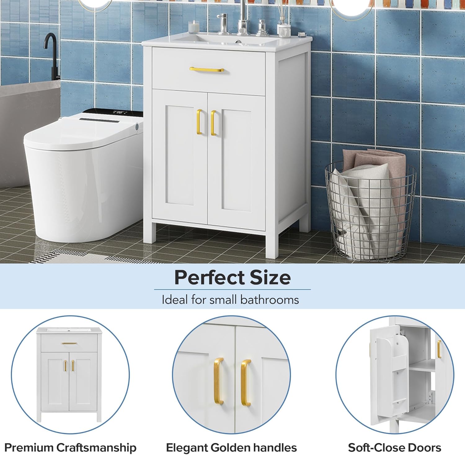 Harper & Bright Designs 24" Bathroom Vanity with Sink, Free Standing Single Basin Vanity Set with 2 Soft-Close Doors and Drawer, Modern Wooden Bathroom Cabinet with Ceramic Basin for Bathroom, White