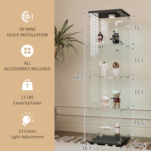 Two-Door Glass Display Cabinet 4 Shelves with Door, Floor Standing Curio Bookshelf for Living Room Bedroom Office, 64.7"*31.7"*14.3", White