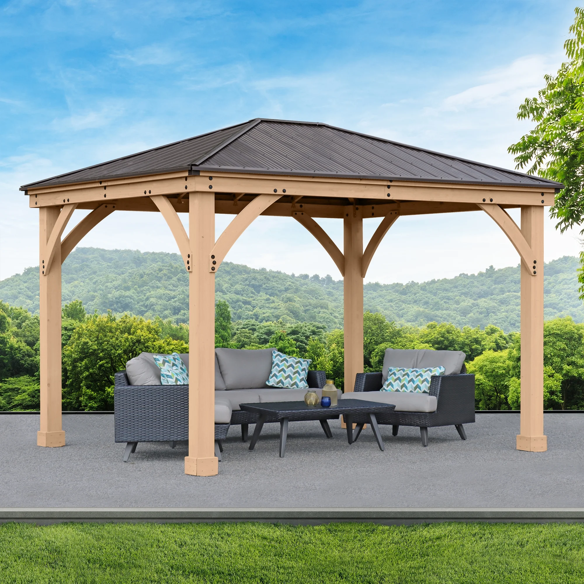Yardistry 10 ft. × 12 ft. Meridian Cedar Gazebo with Aluminum Roof